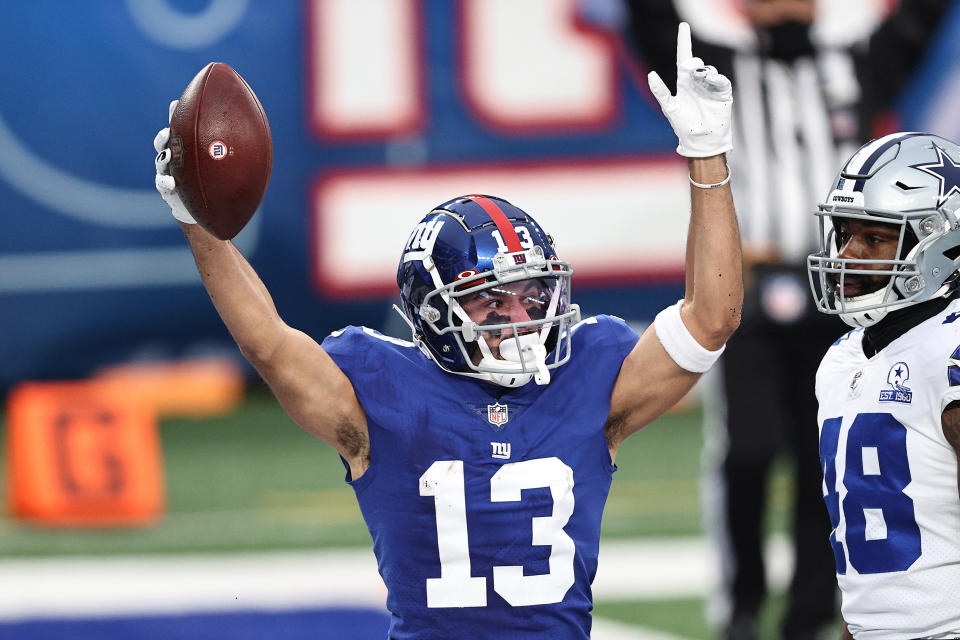 New York's Dante Pettis celebrates after scoring on a 33-yard touchdown reception against Dallas. (Photo by Elsa/Getty Images)