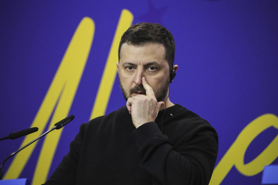 Ukrainian President Volodymyr Zelenskyy speaks during a press conference with Albanian Prime Minister Edi Rama after he summit of Southeastern European countries on peace in Tirana, Albania, Wednesday, Feb. 28, 2024. Ukraine's president co-hosts a summit with Albania's government on Wednesday that is meant to encourage further support for Kyiv by southeastern European countries, as signs of fatigue grow two years after Russia's full-scale invasion. (AP Photo/Armando Babani)