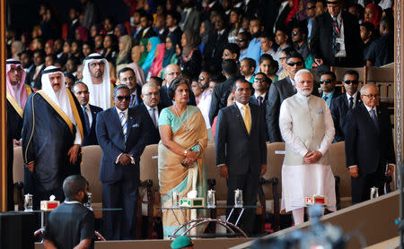 India's Prime Minister Narendra Modi, Sri Lanka's former President Chandrika Kumaratunga, and Maldives' former presidents: Maumoon Abdul Gayoom, Mohamed Nasheed and Mohamed Waheed attend the Maldives' President-elect Ibrahim Mohamed Solih's swearing-in ceremony in Male, Maldives November 17, 2018. REUTERS/Ashwa Faheem