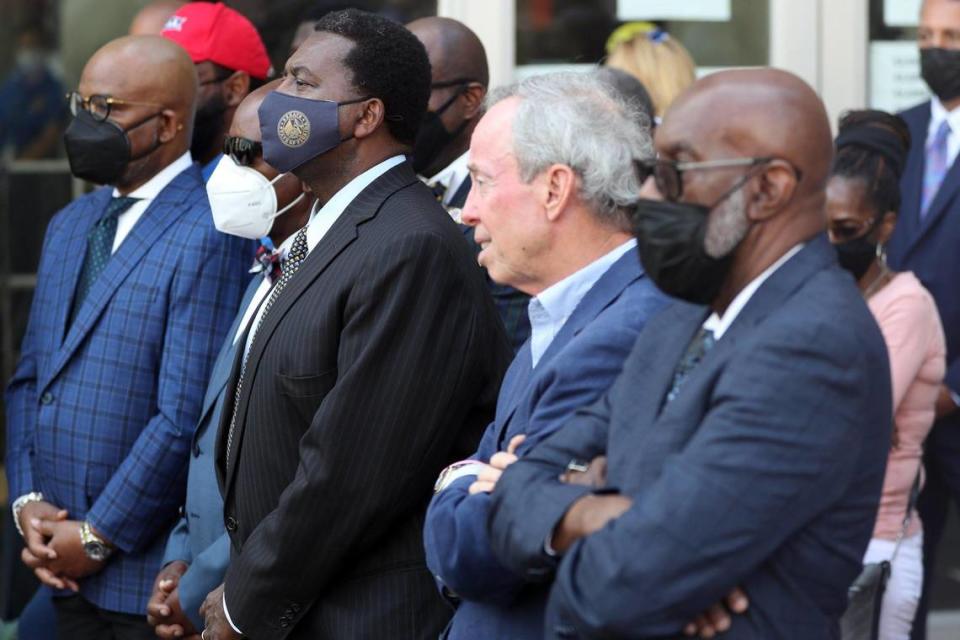 Supporters of Broward Public Schools Superintendent Robert Runcie, including, from left: First Baptist Church Piney Grove Pastor Derrick Hughes; chairperson of the Urban League of Broward County Sidney Calloway; State Sen. Perry Thurston; City Furniture CEO Keith Koenig; and Apricot Office Interiors founding partner Basil Bernard. They attended a news conference at the Broward County Public Schools Administration building in Fort Lauderdale on Friday, April 23, 2021. Runcie was arrested this week and charged with felony perjury.