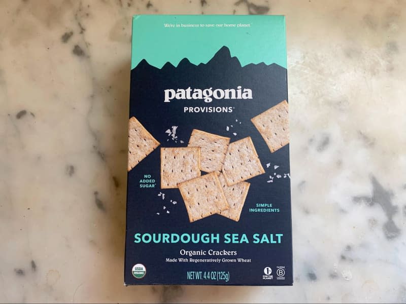 Box of Patagonia Provisions Sourdough Sea Salt Organic Crackers on marble counter