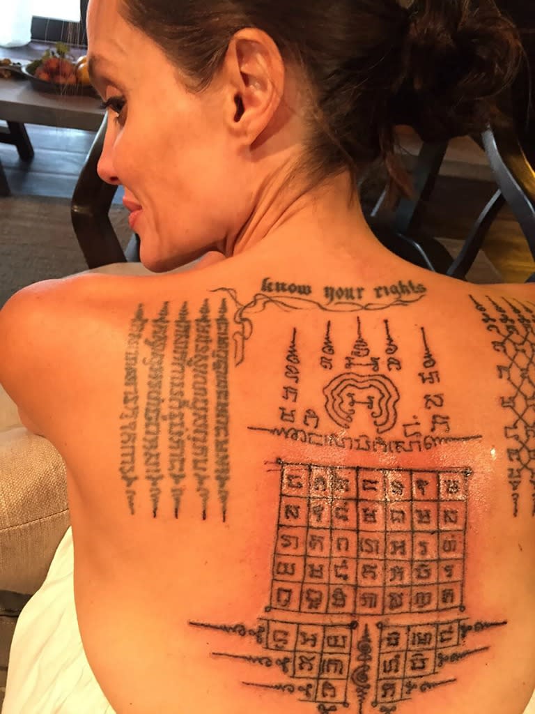Jolie has several ‘magical’ Sak Yant tattoos on her back. (Photo: Splash News)