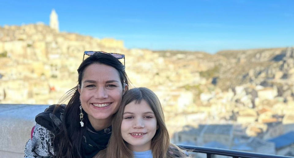 Sarah Stevenson on holiday in Italy with her daughter Luna, 2023. Since her diagnosis four years ago, the family have travelled widely. (Supplied)