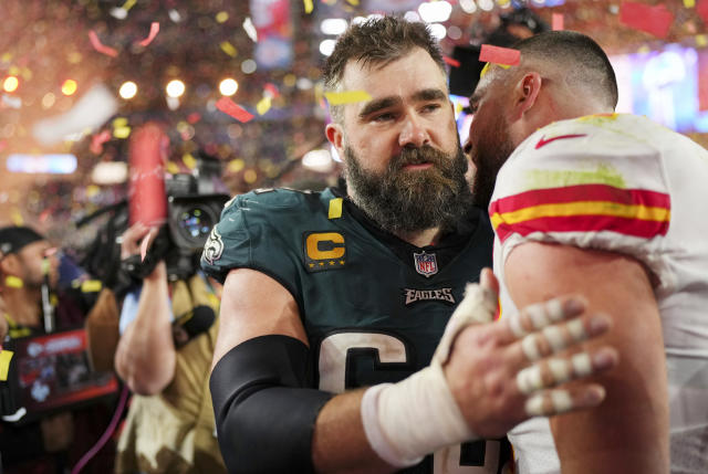 Travis, Jason Kelce Hug After Chiefs Beat Eagles in Super Bowl