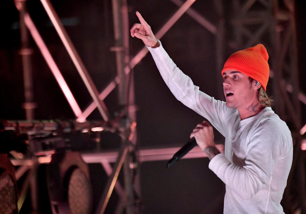 ATLANTA, GEORGIA - APRIL 17: Justin Bieber performs during the Triller Fight Club: Jake Paul v Ben Askren at Mercedes-Benz Stadium on April 17, 2021 in Atlanta, Georgia. (Photo by Jeff Kravitz/Getty Images for Triller)