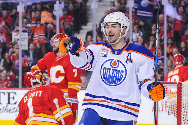 CALGARY, AB – JANUARY 21: Jordan Eberle #14 of the Edmonton Oilers celebrates after scoring against the Calgary Flames during an NHL game at Scotiabank Saddledome on January 21, 2017 in Calgary, Alberta, Canada. (Photo by Derek Leung/Getty Images)