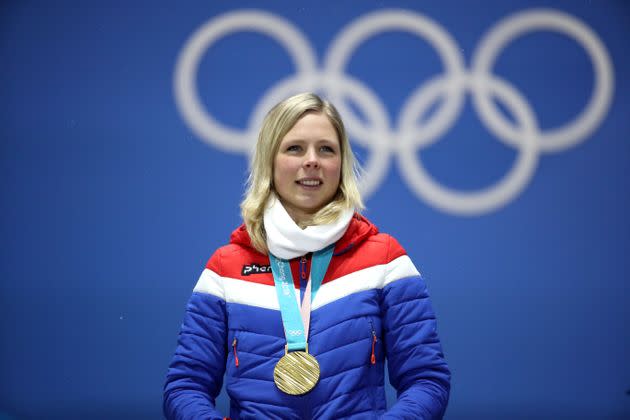 Gold medalist Maren Lundby of Norway after winning a ski jump event at the 2018 Winter Olympics. (Photo: Sean M. Haffey via Getty Images)