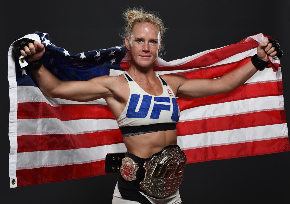 MELBOURNE, AUSTRALIA - NOVEMBER 15:  UFC women's bantamweight champion Holly Holm poses backstage for a post-fight portrait after the UFC 193 event at Etihad Stadium on November 15, 2015 in Melbourne, Australia. Holly Holm defeated Ronda Rousey by KO in second round. (Photo by Mike Roach/Zuffa LLC/Zuffa LLC via Getty Images)