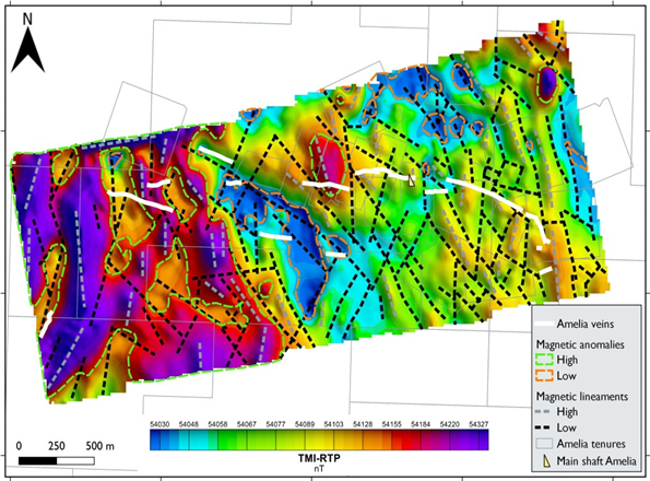 Figure 2. Drone Magnetic survey map (total magnetic intensity - reduced to pole) and features identified.