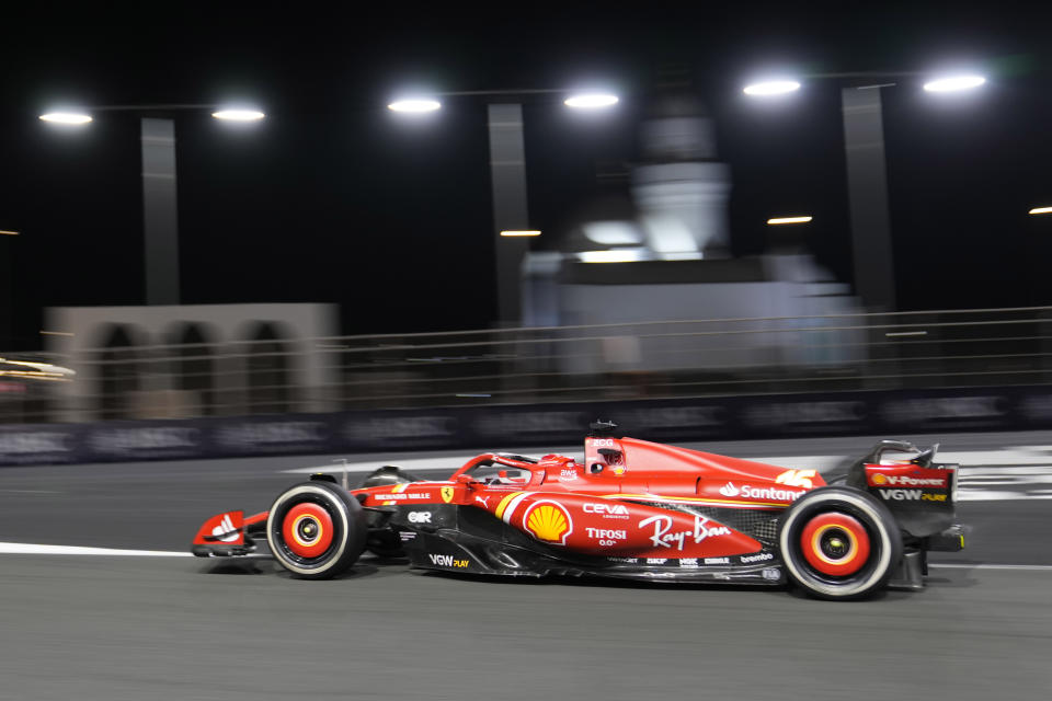 Ferrari driver Charles Leclerc of Monaco steers his car during the Formula One Saudi Arabian Grand Prix at the Jeddah Corniche Circuit, in Jedda, Saudi Arabia, Saturday, March 9, 2024. (AP Photo/Darko Bandic)