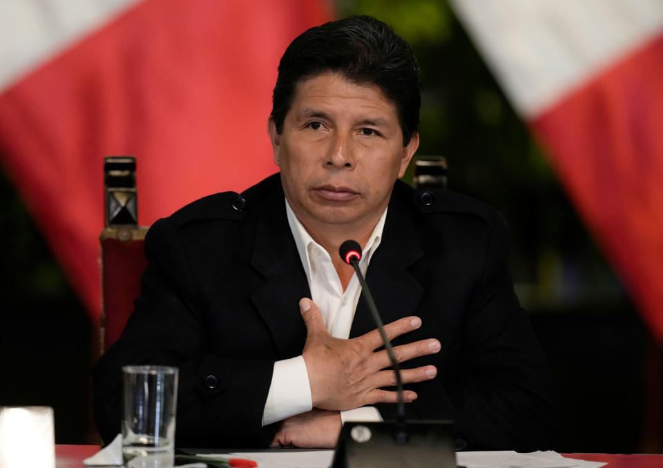 Peruvian President Pedro Castillo gives a press conference at the presidential palace in Lima on Oct. 11, 2022.<span class="copyright">Martin Mejia—AP</span>