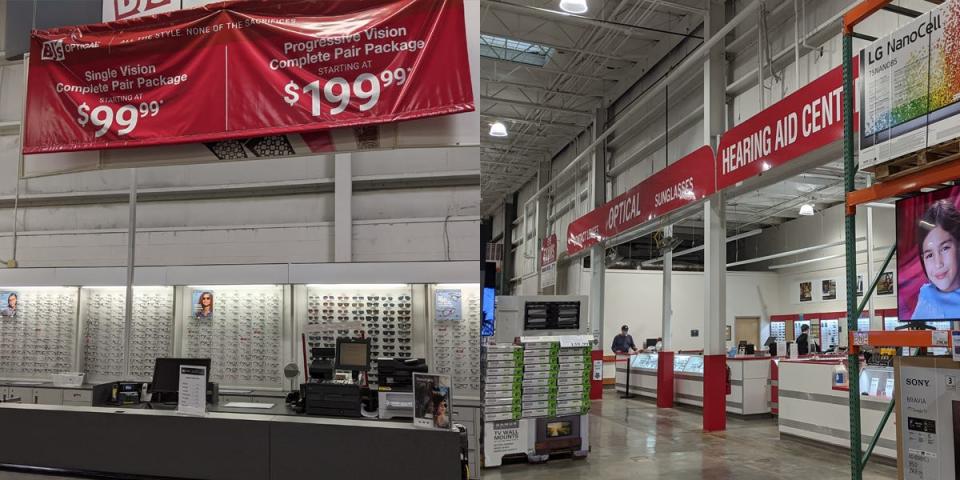 Wall full of eye glasses at BJ's and counter with "Hearing Aid Center" at Costco