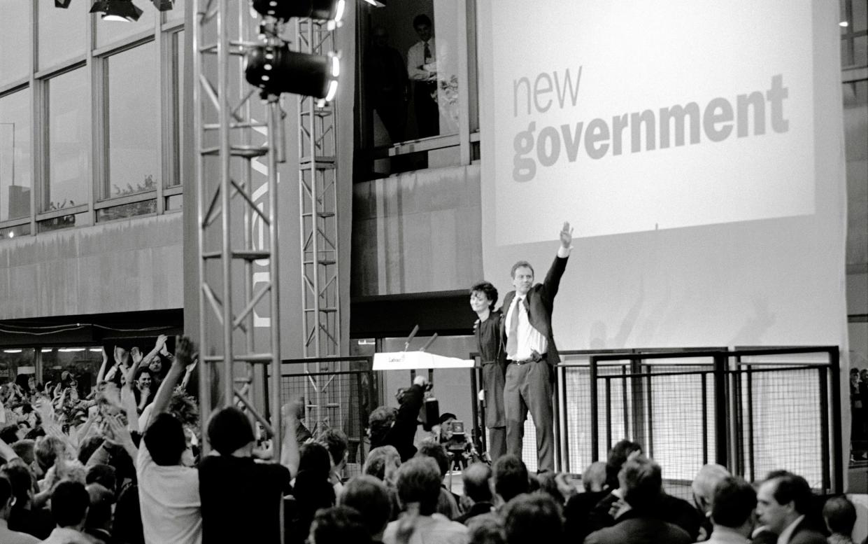 Labour leader Tony BLAIR and his wife Cherie BOOTH address crowds outside the Royal Festival Hall, as it becomes apparent that the Labour Party has won a massive victory over the Conservative Party