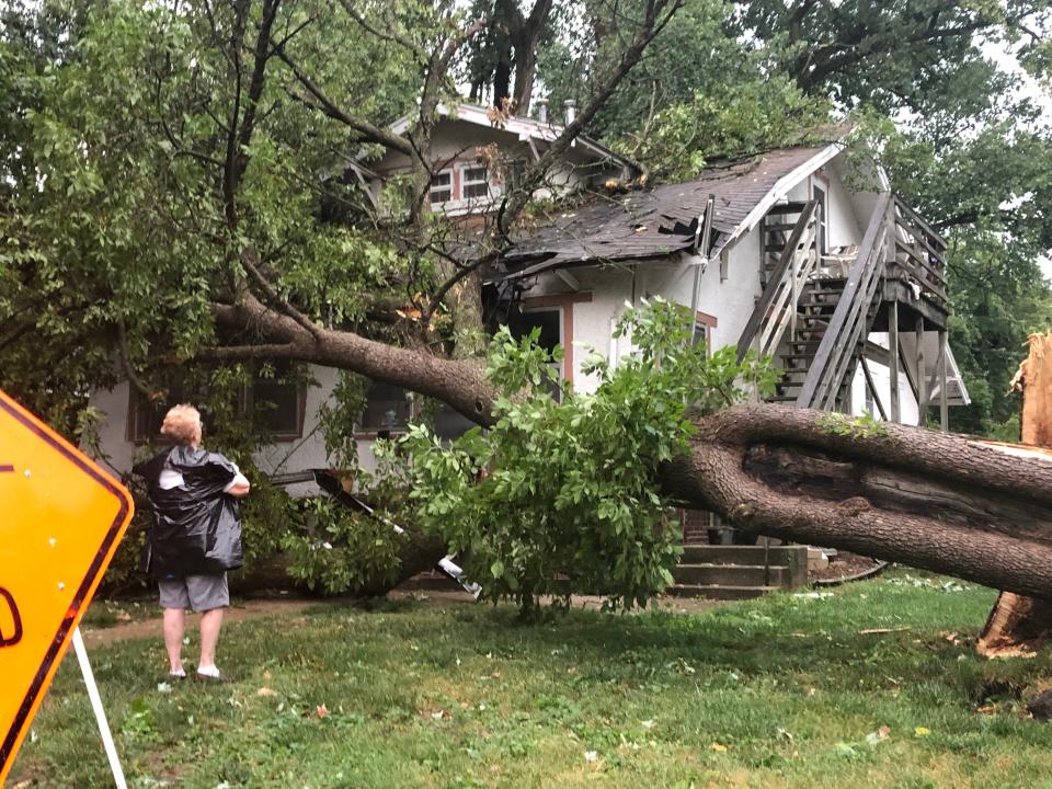 A storm packing gusts more than 90 mph downed trees around Des Moines on Monday, Aug. 10, 2020. Thousands were without power from the "derecho," a front of straight-line winds that travels over long distances.