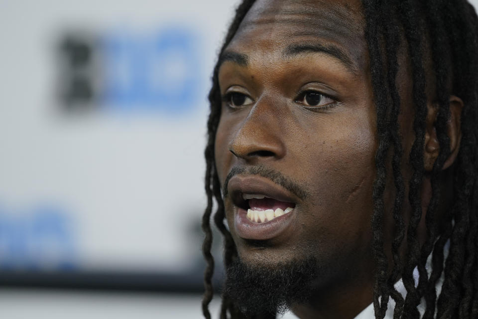 Indiana linebacker Cam Jones talks to reporters during an NCAA college football news conference at the Big Ten Conference media days, at Lucas Oil Stadium, Tuesday, July 26, 2022, in Indianapolis. (AP Photo/Darron Cummings)