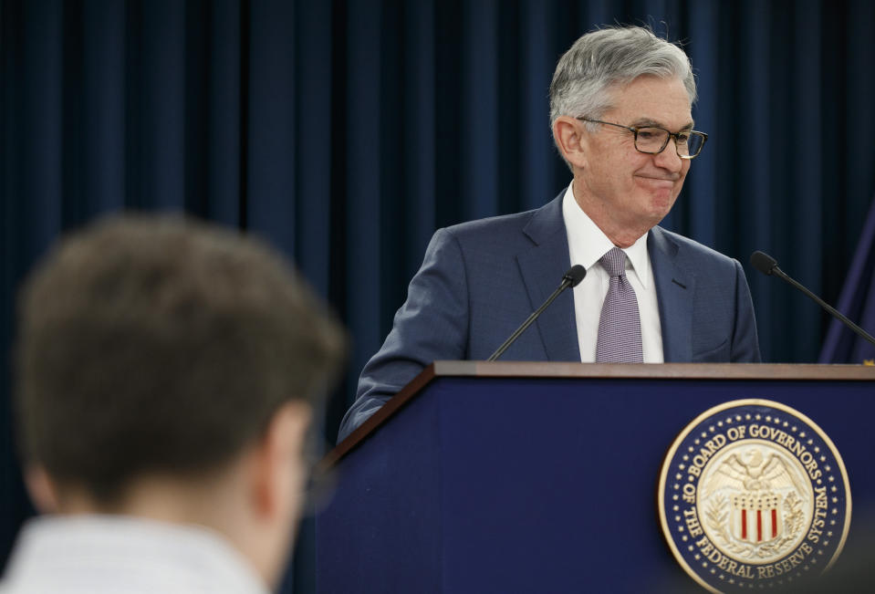 Federal Reserve Chair Jerome Powell smiles as he finishes speaking during a news conference, Tuesday, March 3, 2020, where he discussed an announcement from the Federal Open Market Committee, in Washington. In a surprise move, the Federal Reserve cut its benchmark interest rate by a sizable half-percentage point in an effort to support the economy in the face of the spreading coronavirus. Chairman Jerome Powell noted that the coronavirus "poses evolving risks to economic activity." (AP Photo/Jacquelyn Martin)