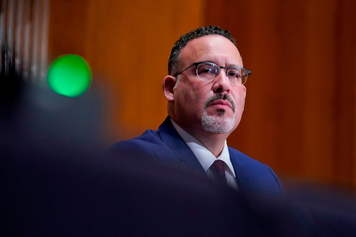 Miguel A. Cardona at his confirmation hearing to be secretary of education. He officially took on the role Tuesday.   (Photo: SUSAN WALSH via Getty Images)