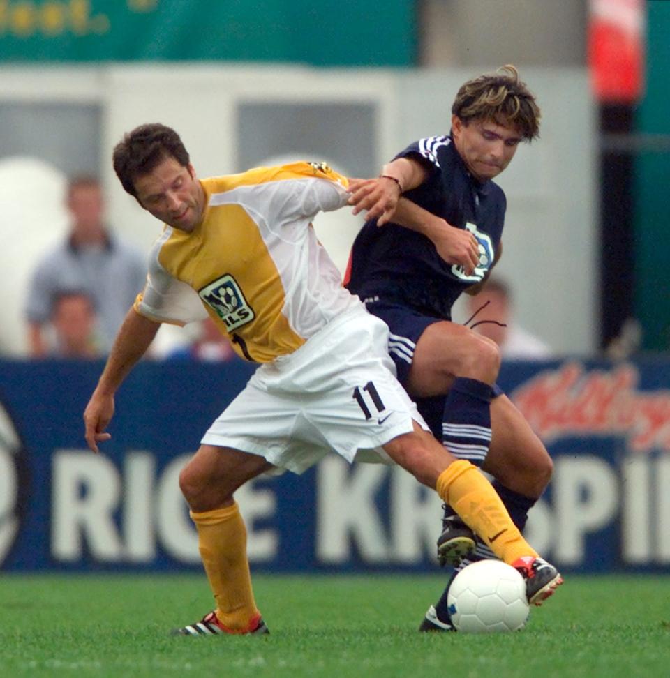 (7/29/00,twr,MLS, Columbus ,Ohio) soccer -- #11 Preki and #9 Jaime Moreno go after the ball in midfield during the MLS All-Star game. Revell/Photo all names are (cq).