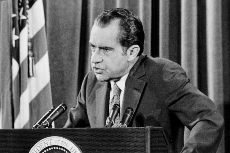 President Richard Nixon gives a White House news conference on June 29, 1972. On June 28, 1972, Nixon announced that no more draftees would be sent to Vietnam unless they volunteered for service in the Asian nation. UPI File Photo