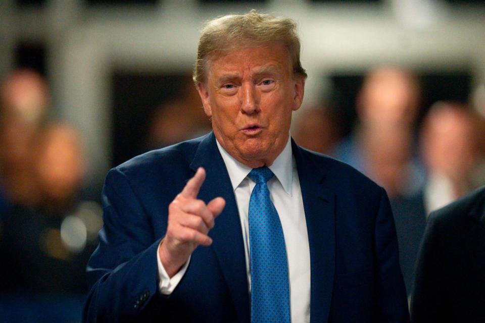 PHOTO: Former President Donald Trump speaks to reporters at Manhattan criminal court in New York, May 20, 2024.  (Steven Hirsch/New York Post via AP, Pool, FILE)