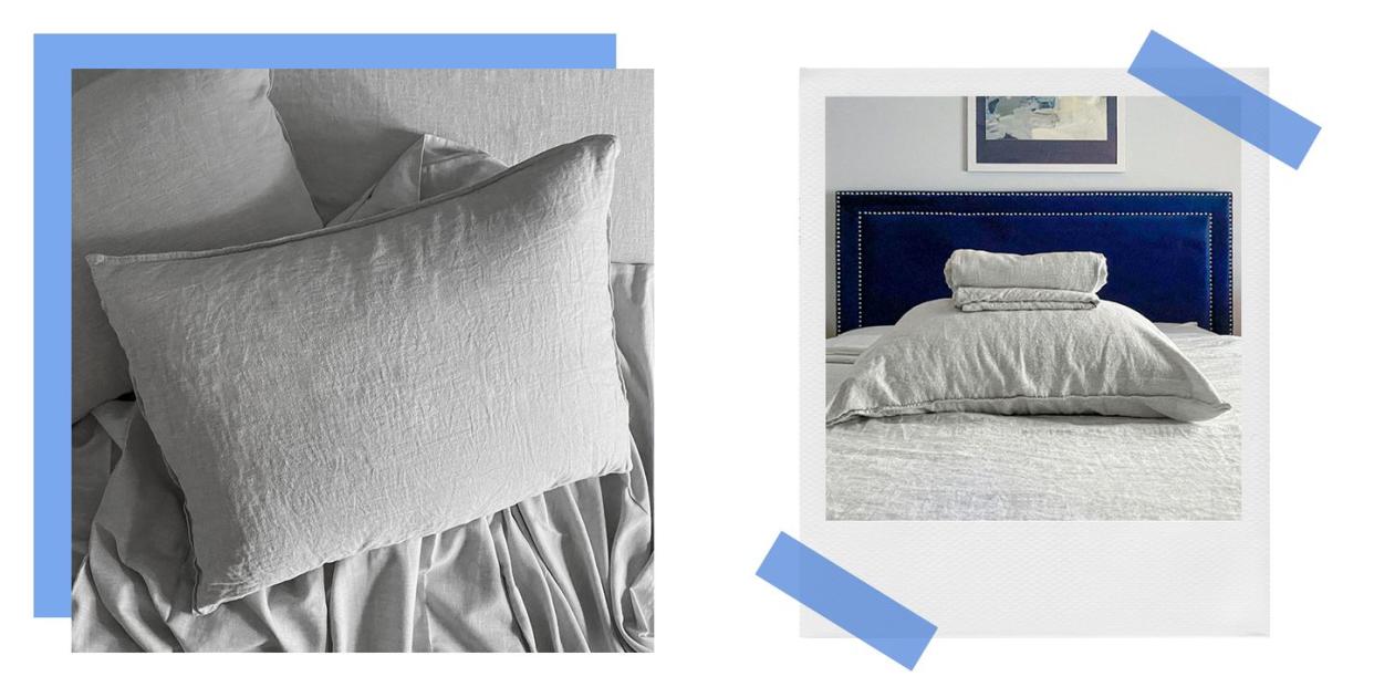 grey heathered cashmere sheets on bed with blue velvet headboard