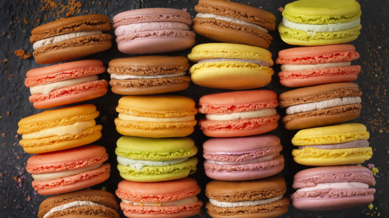 colorful macarons in lines