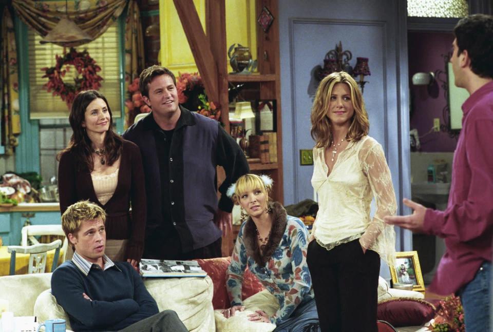 <p>Jennifer Aniston acted alongside her then-husband for the first time when he appeared on the Thanksgiving episode of <em>Friends</em> in season 8. The actor played a former overweight classmate of Monica, Ross, and Rachel — and the founder of the "I Hate Rachel Club."</p>