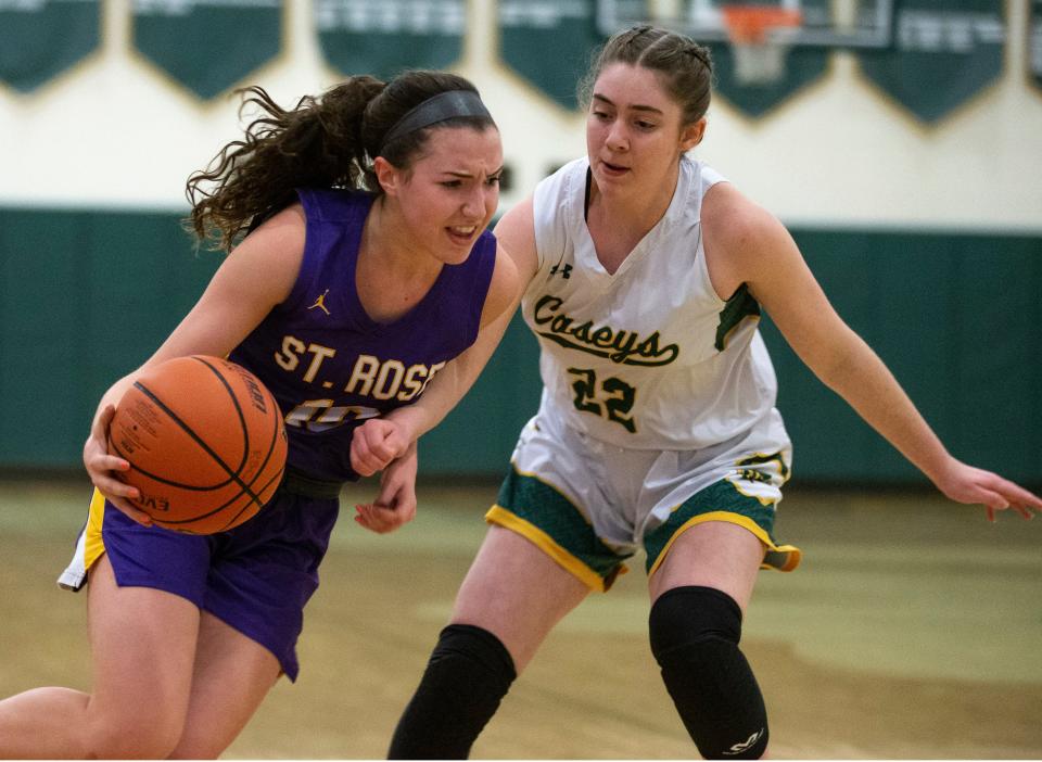 St. Rose at Red Bank Catholic basketball. St. Rose's Abby Antognoli drives past RBC's Casey Prior.     Red Bank, NJThursday, March 4, 2021  