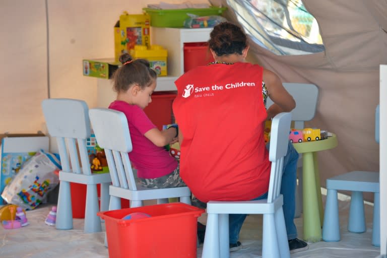 Save the Children has set up a play area where children can recover some sense of normalcy lost through the quake which brought death and destruction to towns and villages in central Italy