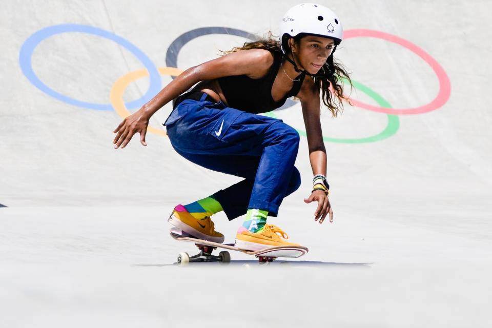 Brasil's Rayssa Leal trains during a street skateboarding practice session at the 2020 Summer Olympics, Friday, July 23, 2021, in Tokyo, Japan. (AP Photo/Markus Schreiber)