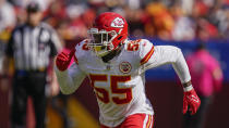 Kansas City Chiefs defensive end Frank Clark (55) running on the field during the first half of an NFL football game against the Washington Football Team, Sunday, Oct. 17, 2021, in Landover, Md. (AP Photo/Patrick Semansky)