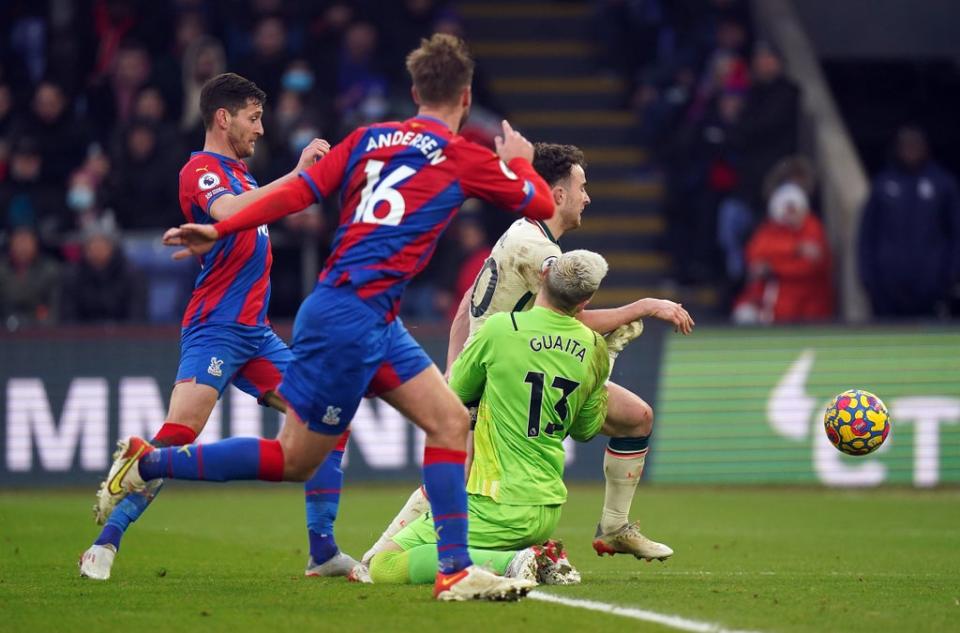 Liverpool’s Diogo Jota clashes with Crystal Palace goalkeeper Vicente Guaita (Adam Davy/PA) (PA Wire)