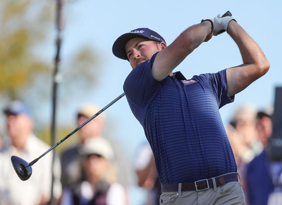 Lee Hodges tees off on the 3nd hole during the American Express on the Stadium Course at PGA West in La Quinta, Calif., Sunday, January 23, 2022.