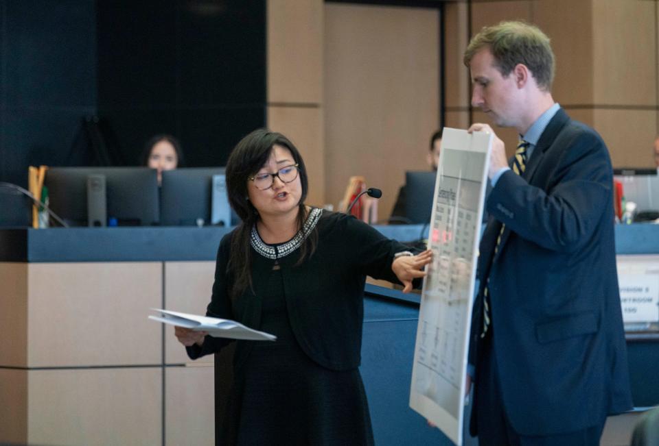 Assistant Public Defenders Crystal Kim and Andrew Benson speak to the jury during sentencing in Palm Beach County Courthouse in West Palm Beach, Florida on May 4, 2021.