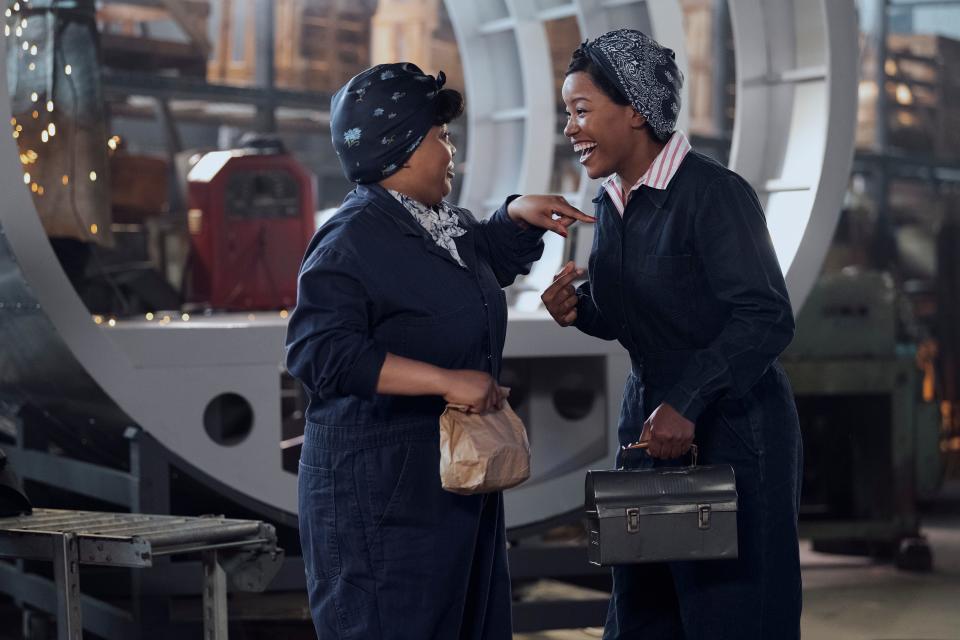 Gbemisola Ikumelo, left, and Chante Adams in a scene from "A League of Their Own."