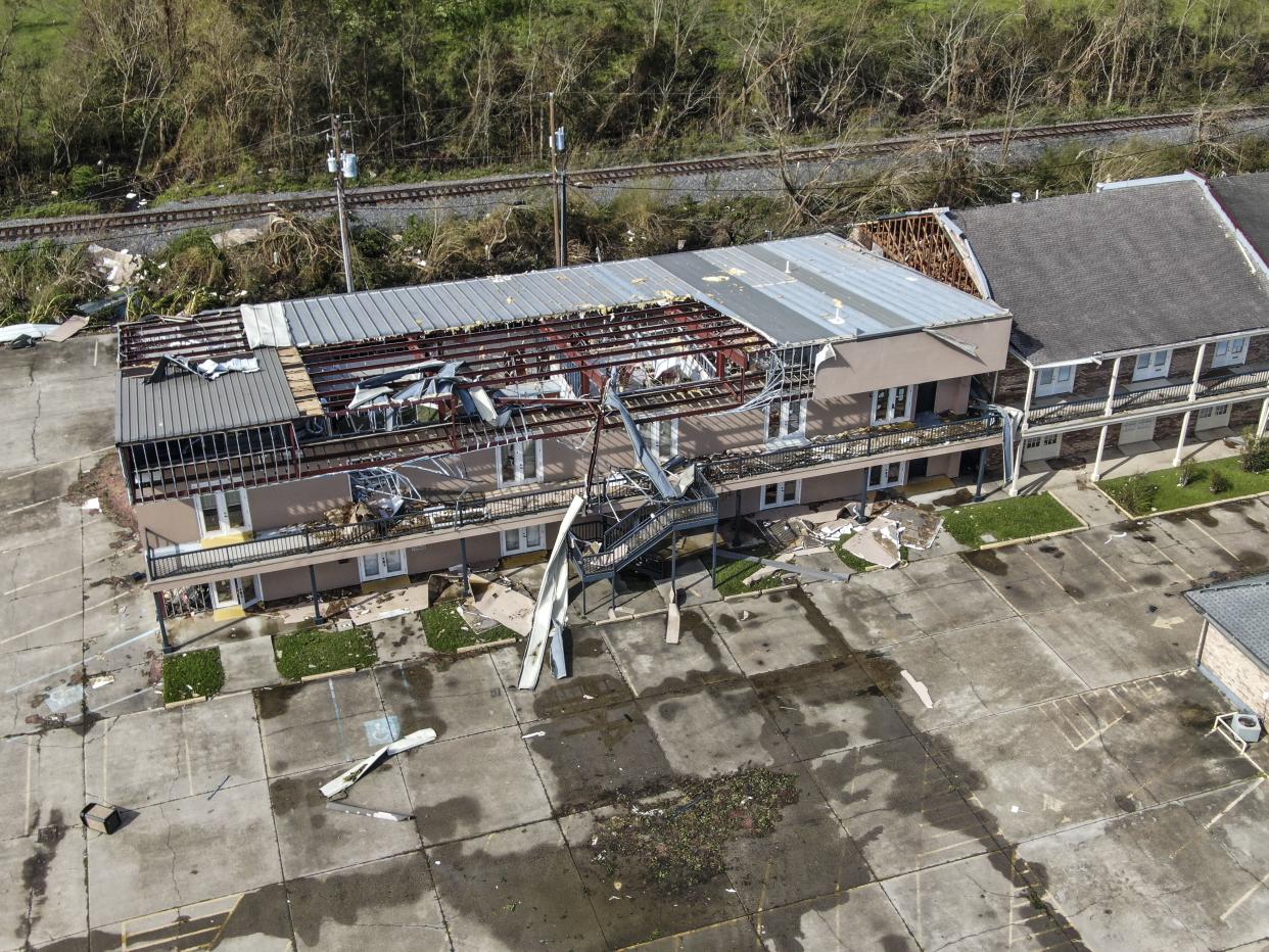 An aerial photo made with a drone shows damage caused by Hurricane Ida in LaPlace, Louisiana, USA, 31 August 2021. The Category 4 storm came ashore on 29 August causing heavy flooding, downing trees, and ripping off roofs. (Tannen Maury/EPA-EFE/Shutterstock)