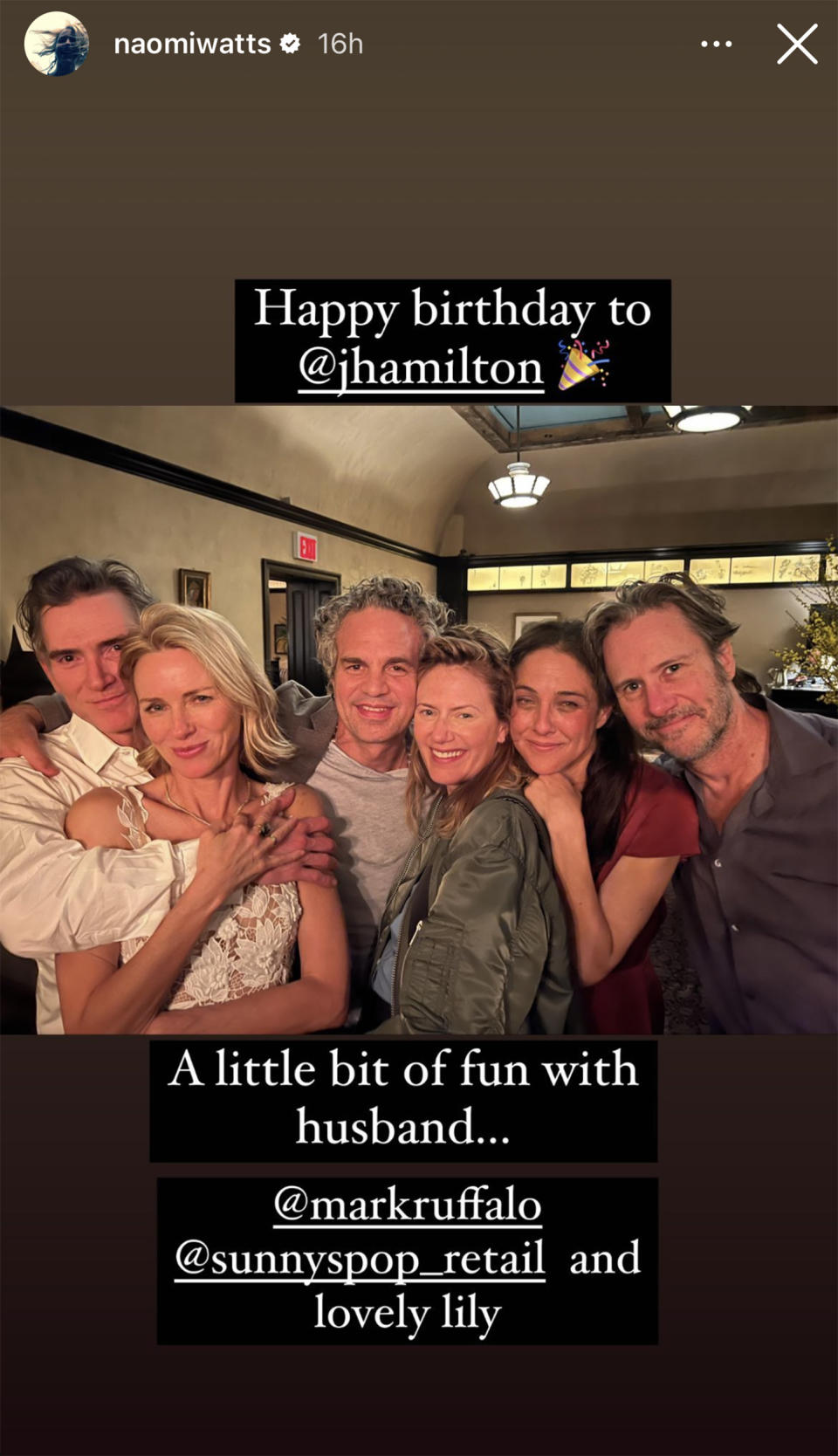 Naomi Watts and Billy Crudup are all love, posing with friends, including fellow actor Mark Ruffalo. (Naomi Watts / Instagram)