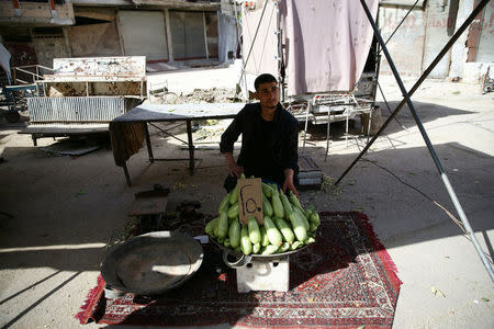 A man sells zucchini for 250 Syrian Pounds a kilo in the rebel held besieged city of Douma, in the eastern Damascus suburb of Ghouta, Syria May 10, 2017. REUTERS/Bassam Khabieh