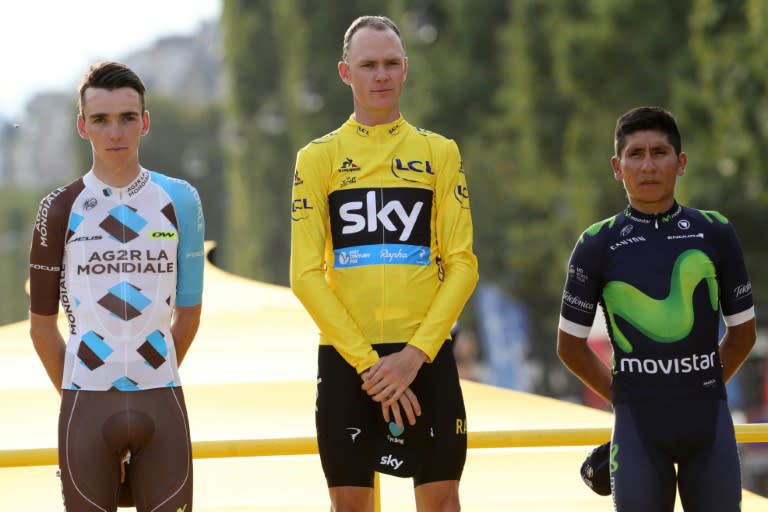 Tour de France winner Great Britain's Chris Froome (C), France's Romain Bardet (L), and Colombia's Nairo Quintana