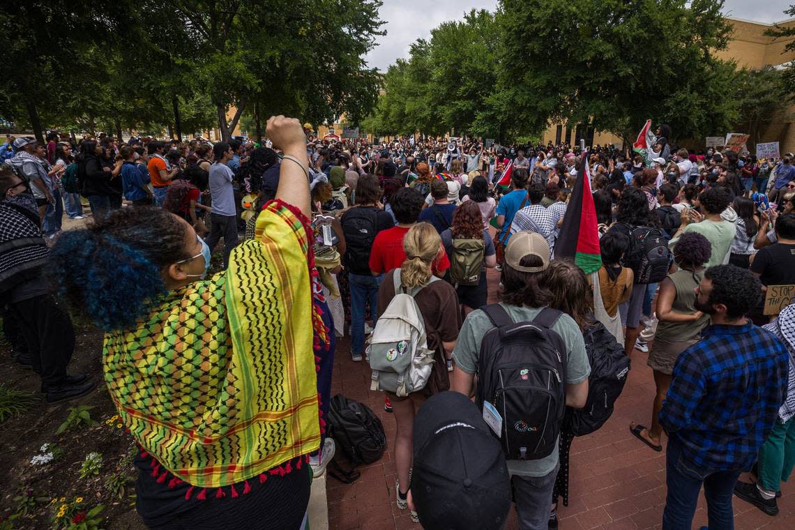 University of North Texas students gather for the Campus Wide Walkout for Gaza at the campus Library mall on Tuesday, April 30, 2024.