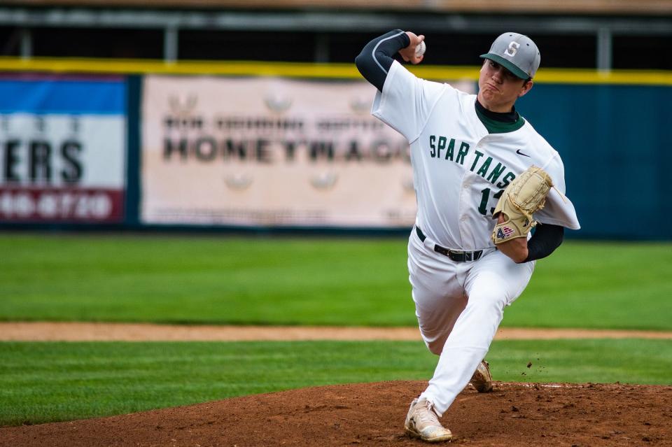 Spackenkill's Sean Lucas pitches during the Class B sub regional baseball game at Cantine Field in Saugerties, NY on Thursday, June 2, 2022. Spackenkill defeated Rye Neck 8-5. KELLY MARSH/FOR THE TIMES HERALD-RECORD
