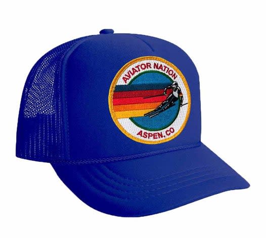 Blue trucker hat with Aviator Nation Aspen logo