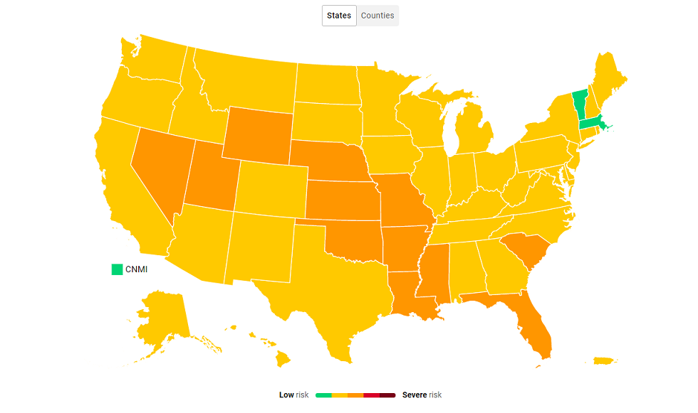 Map produced by researchers at Covid Act Now, as viewed on its website 5 July 2021. (Covid Act Now)