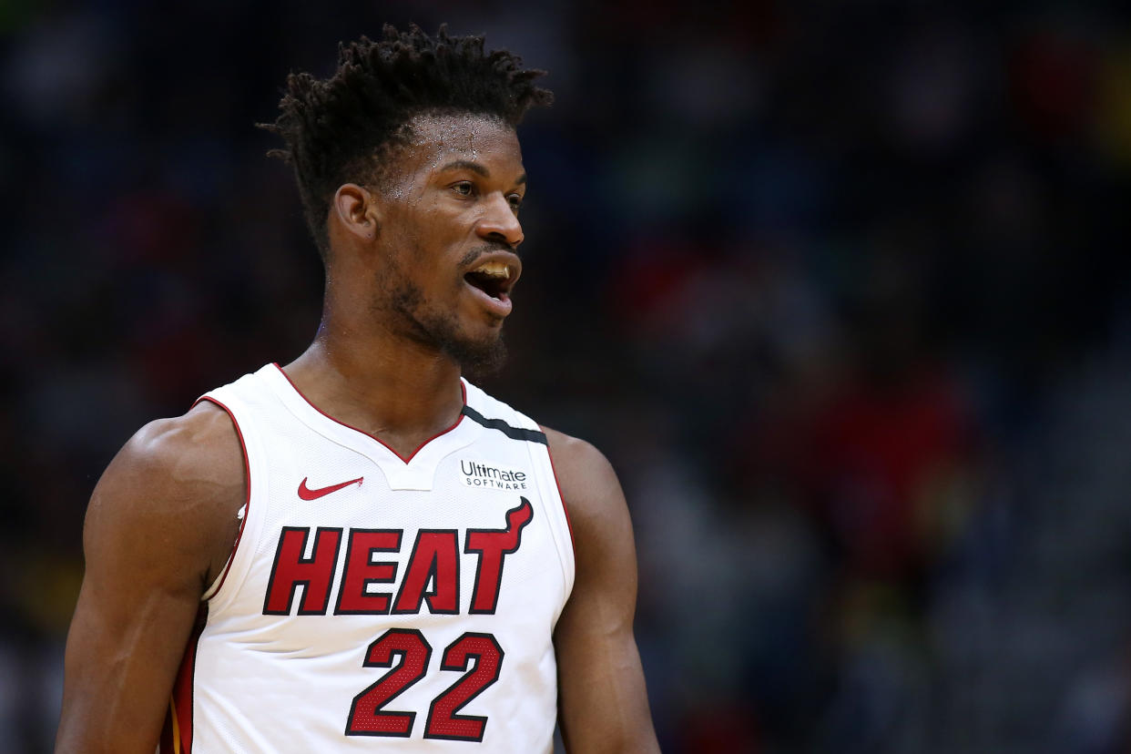 NEW ORLEANS, LOUISIANA - MARCH 06: Jimmy Butler #22 of the Miami Heat reacts against the New Orleans Pelicans during a game at the Smoothie King Center on March 06, 2020 in New Orleans, Louisiana. NOTE TO USER: User expressly acknowledges and agrees that, by downloading and or using this Photograph, user is consenting to the terms and conditions of the Getty Images License Agreement. (Photo by Jonathan Bachman/Getty Images)