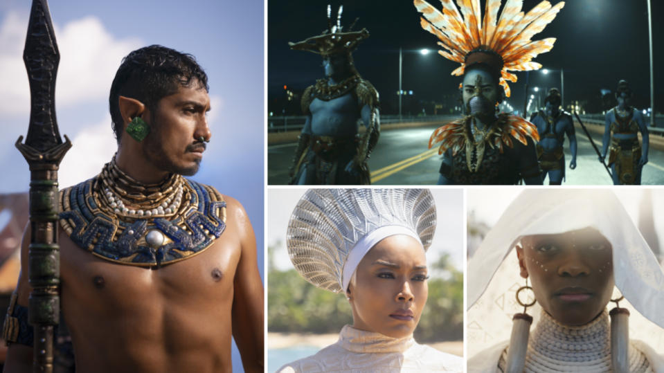 Clockwise from left: Tenoch Huerta Mejía as Namor; Alex Lininalli as Attuma and Mabel Cadena as Namora; Letitia Wright as Shuri; and Angela Bassett as Queen Ramonda.