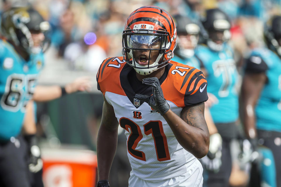 FILE - In this Nov. 5, 2017, file photo, Cincinnati Bengals cornerback Darqueze Dennard (21) calls a formation to the defensive backs during the first half of an NFL football game against the Jacksonville Jaguars in Jacksonville, Fla. The Jacksonville Jaguars and Dennard have parted ways nine days after agreeing to a three-year, $13.5 million contract in free agency. The Jaguars said Thursday, March 26, 2020, “the two sides could not come to an agreement on the final contract terms. (AP Photo/Stephen B. Morton, File)