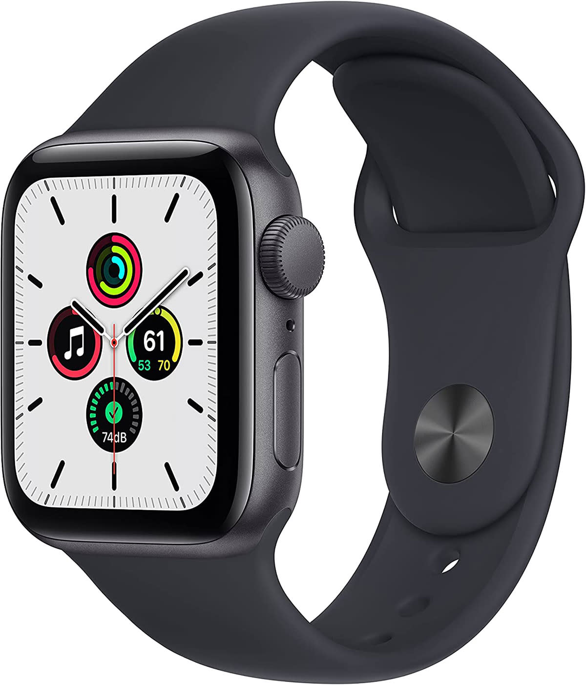 Apple Watch SE with a clock face on the display.
