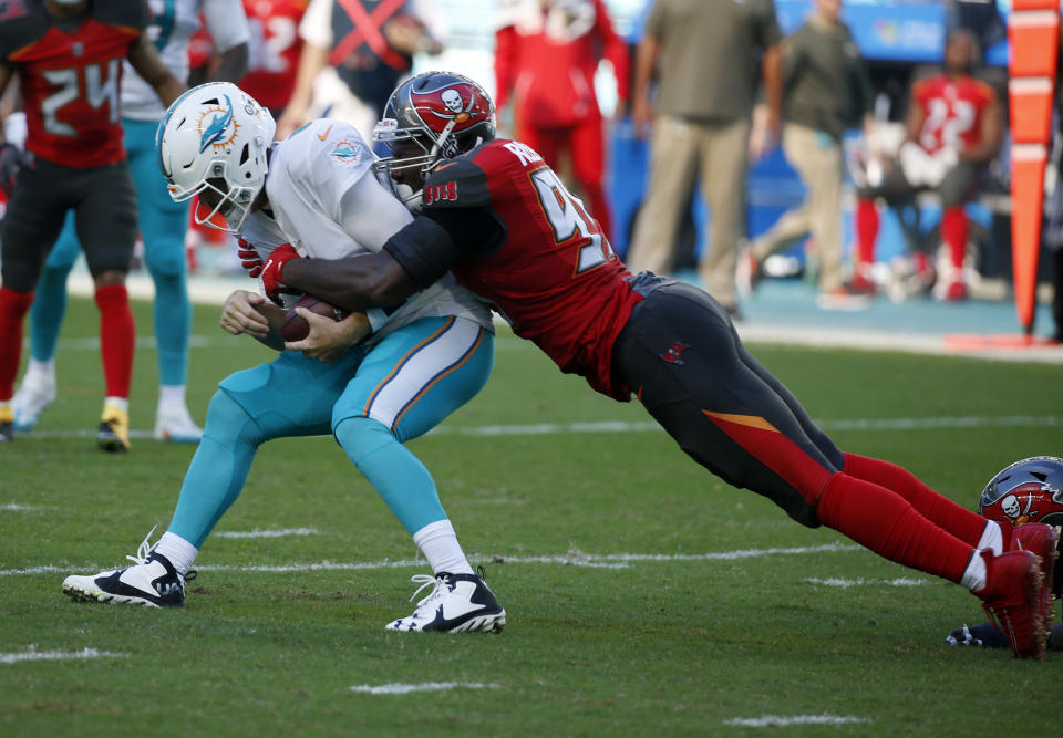 Miami Dolphins quarterback Jay Cutler is sacked during a game against the Buccaneers last week. (AP)