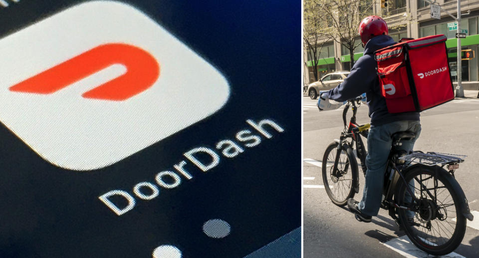 Pictured left is a screenshot of the DoorDash app and right is a delivery driver.