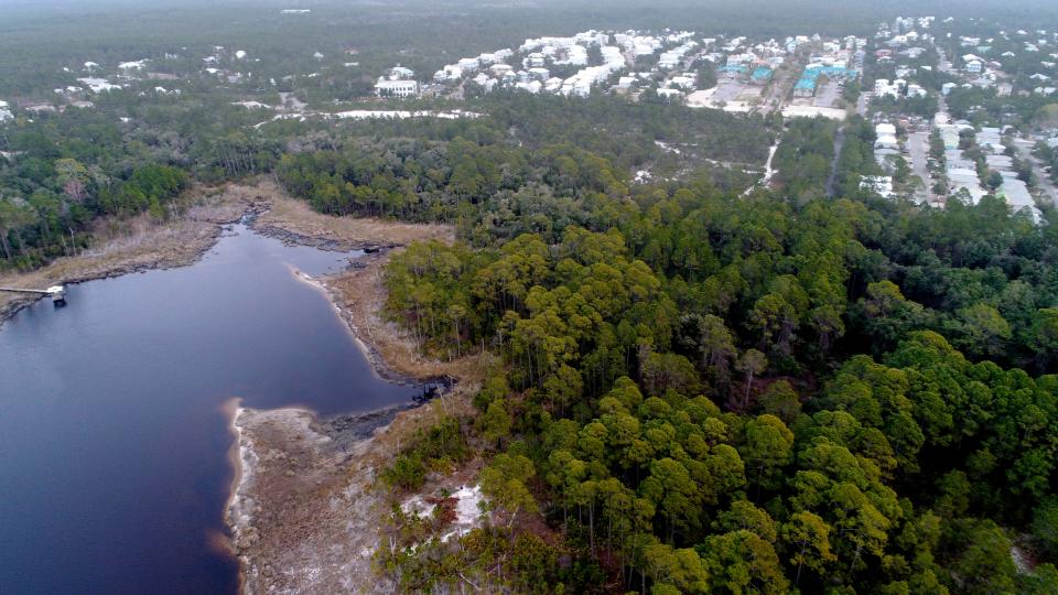 An aerial view of Draper Lake in southern Walton County shows land that will be protected in a conservation easement as part of the Bluewater Landing residential project by nationwide homebuilder D.R. Horton Inc.